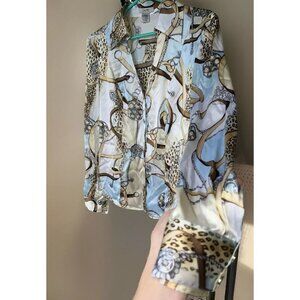 Cache Women’s Size4 Fitted Silk Blouse Gold Snap Button Down VTG 90s Y2K Leopard